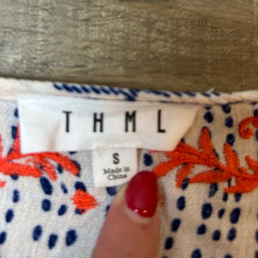 THML Embroidered Boho Blouse | Navy & Coral Summer Top - Size Small - Picture 4 of 8